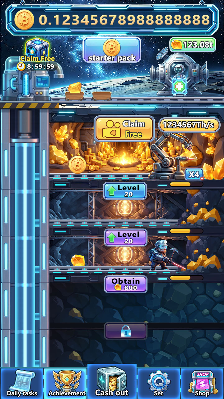 Bitcoin Miner-Canyon gameplay screen with sci-fi mine layers and virtual BTC balance